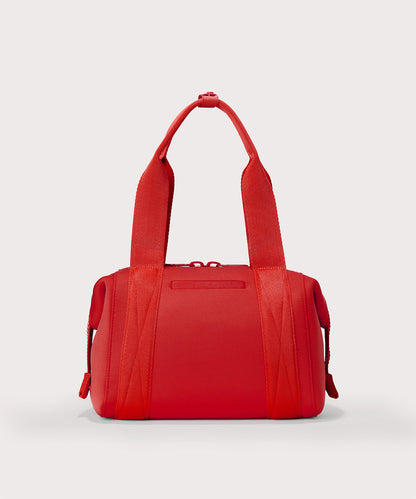 Dagne Dover Small Landon Carryall in a fiery, saturated red leaning toward orange seen from the back.