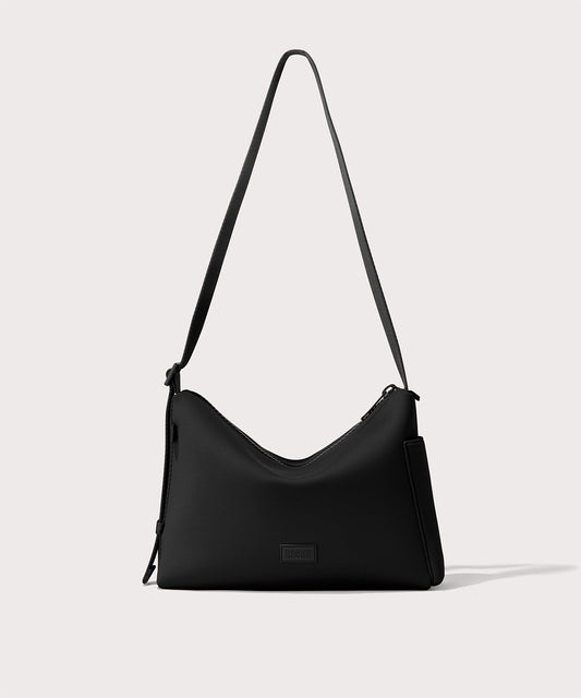 Shoulder bag in a black seen from the front view.