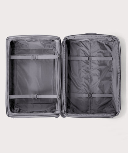 Top down of Sydney checked rolling luggage 28.5” in light grey